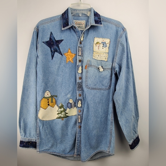 Levi's Tops - Levi's vintage orange tab denim button-down winter theme embroidered shirt, S